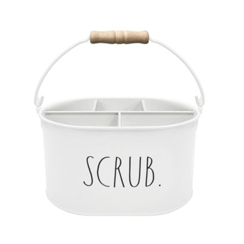 Rae Dunn SCRUB White Metal Cleaning Caddy Farmhouse Organizer with Wood Handle